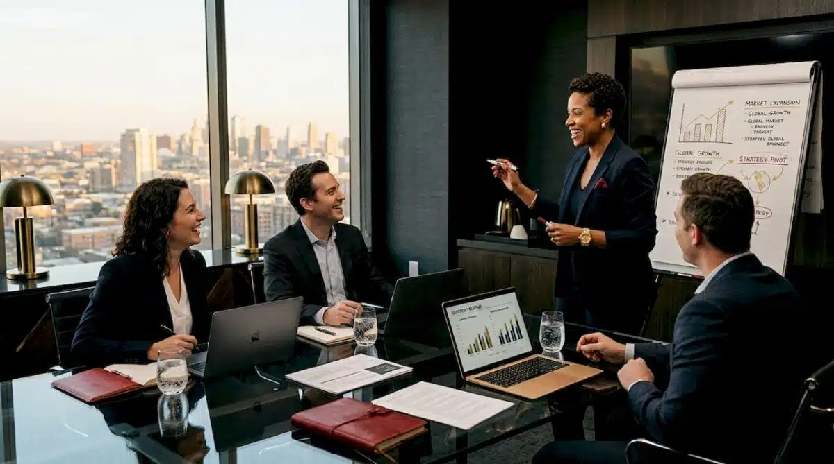 Executives collaborating around conference table