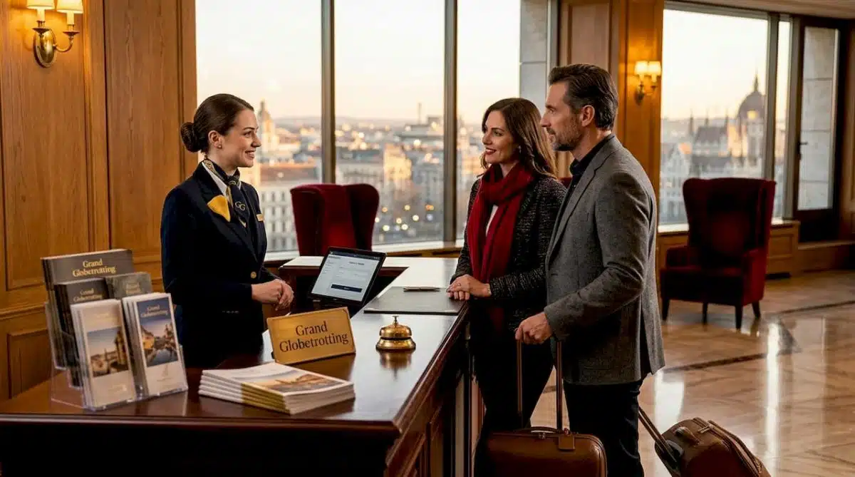 Five-star hotel lobby with concierge and guests