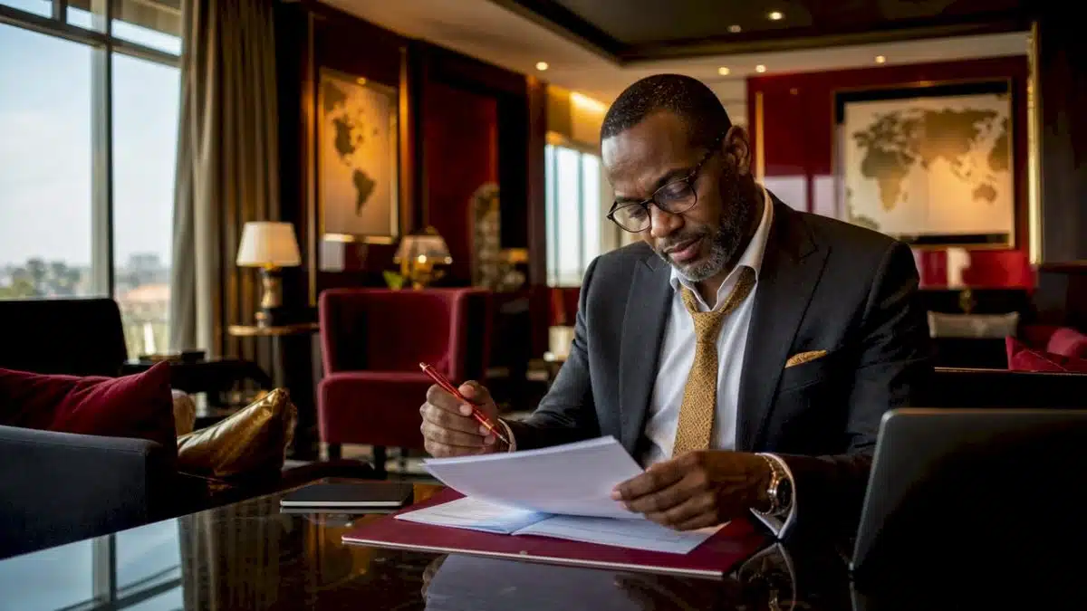 Executive reviewing corporate travel policy documents