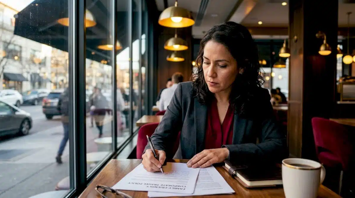 HR manager reviewing family travel policies
