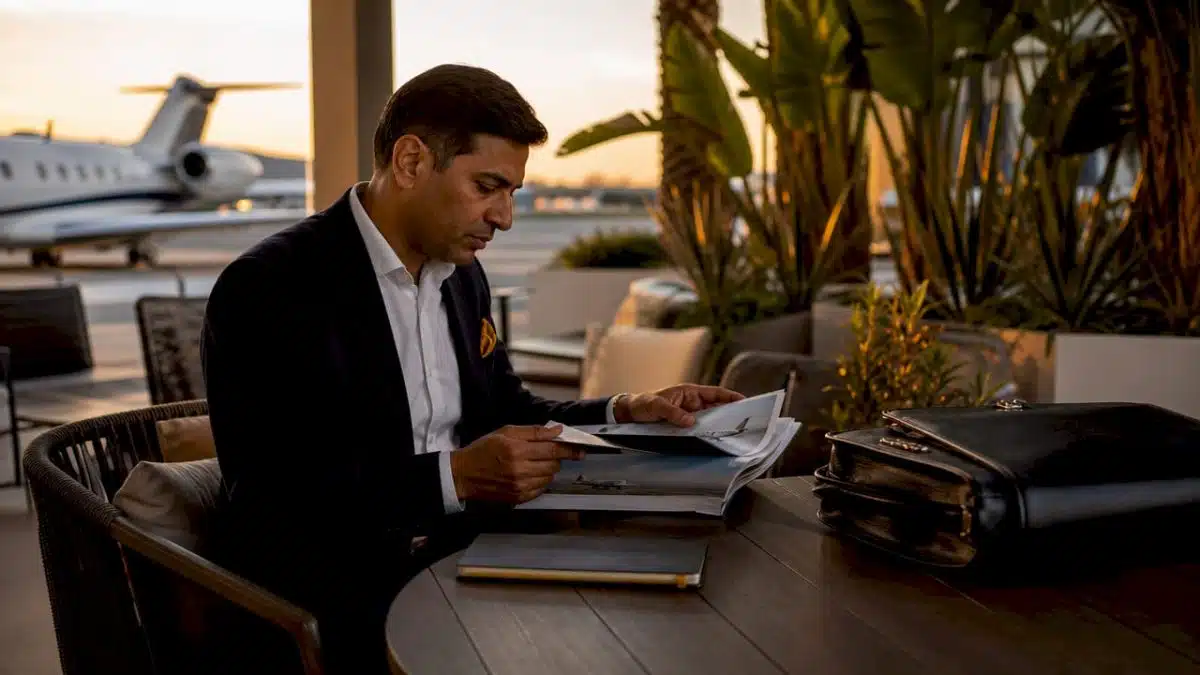 Man reviewing private jet brochures in lounge