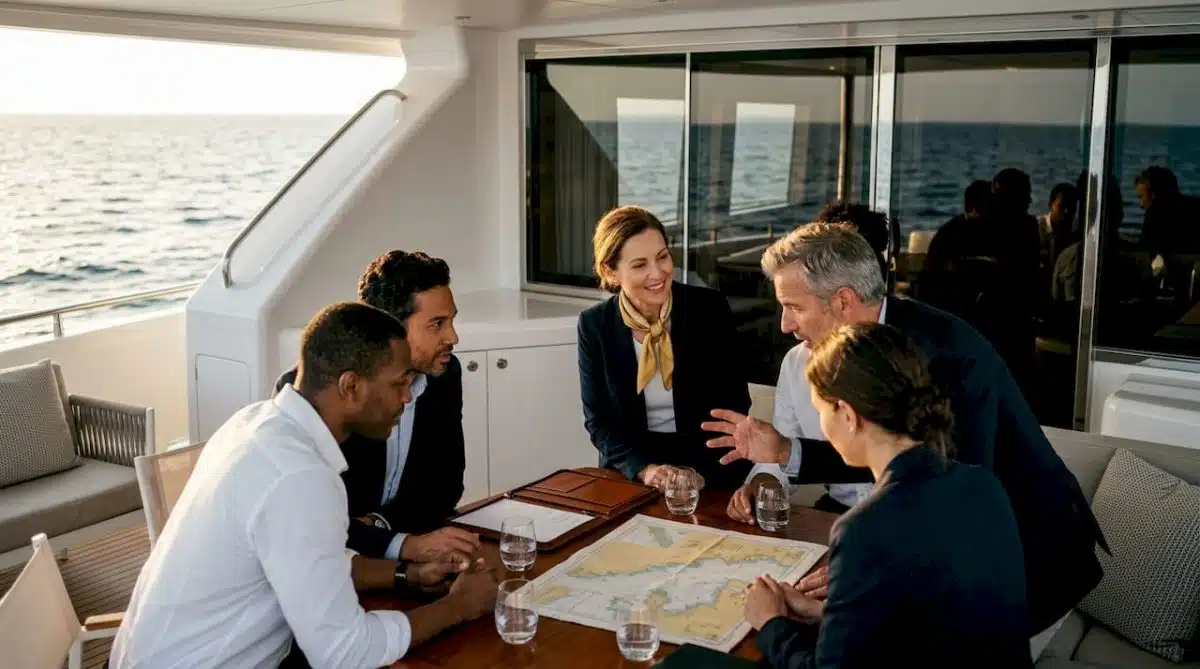 Executives holding meeting on private yacht deck