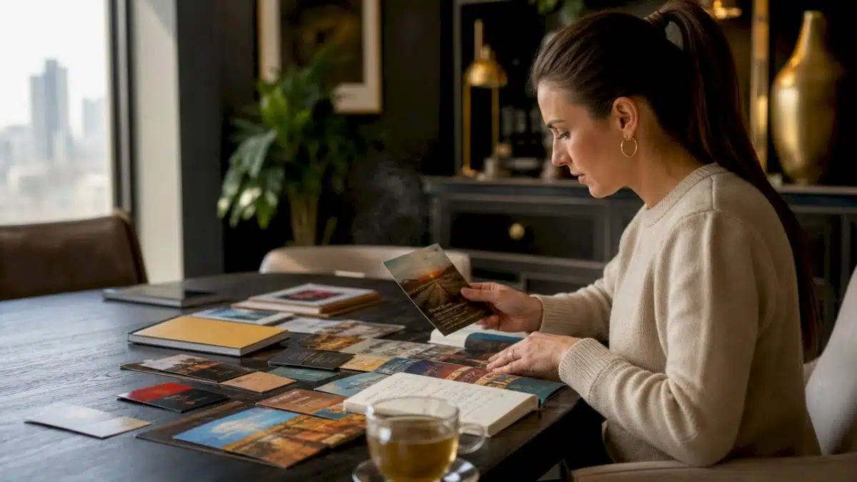 Woman planning luxury travel at home