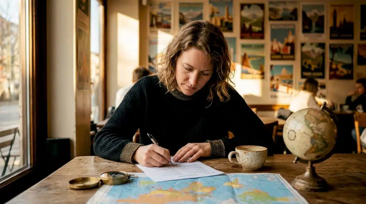 Traveler reviewing printed itinerary at home desk