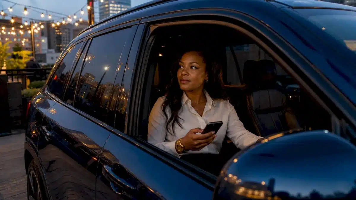 Professional woman seated in luxury private car