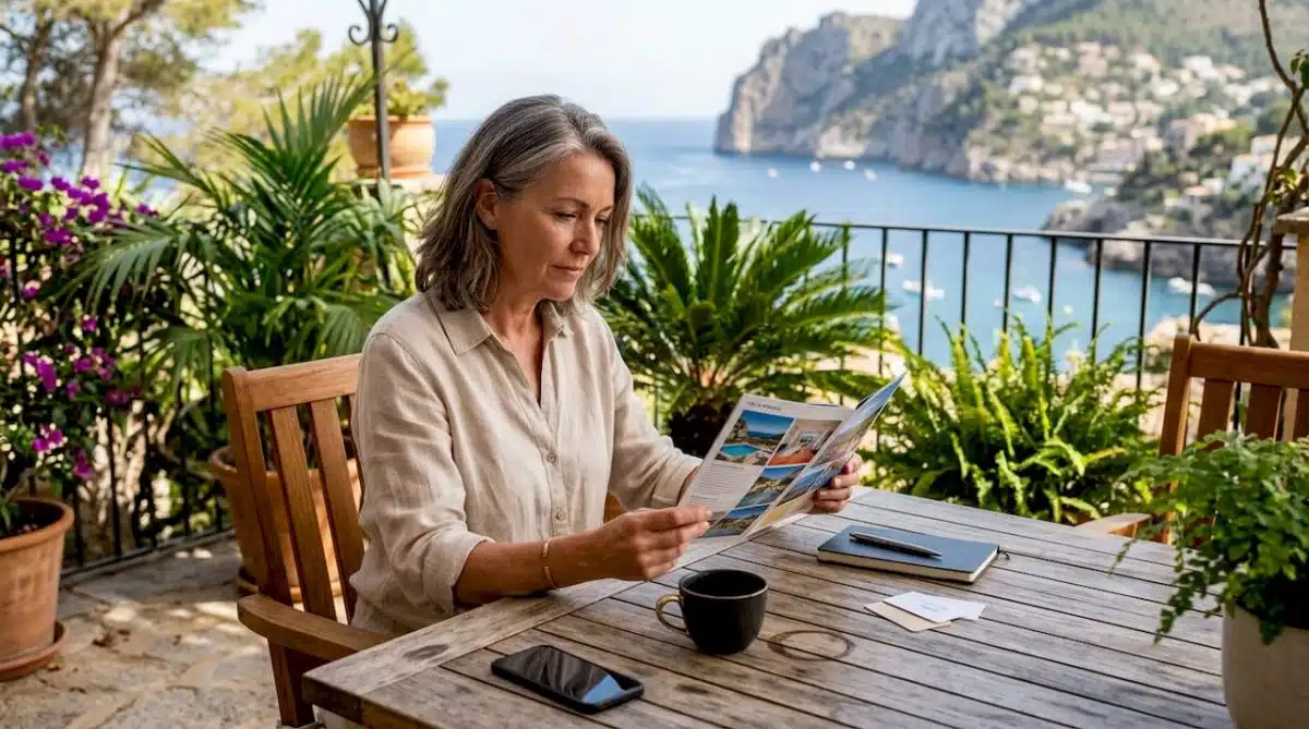Woman reviewing private villa rental brochure indoors