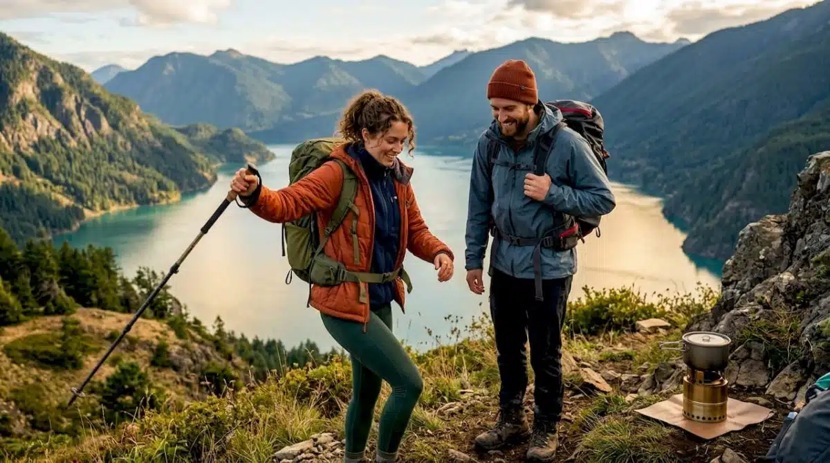 Couple hiking on mountain summit with scenic view