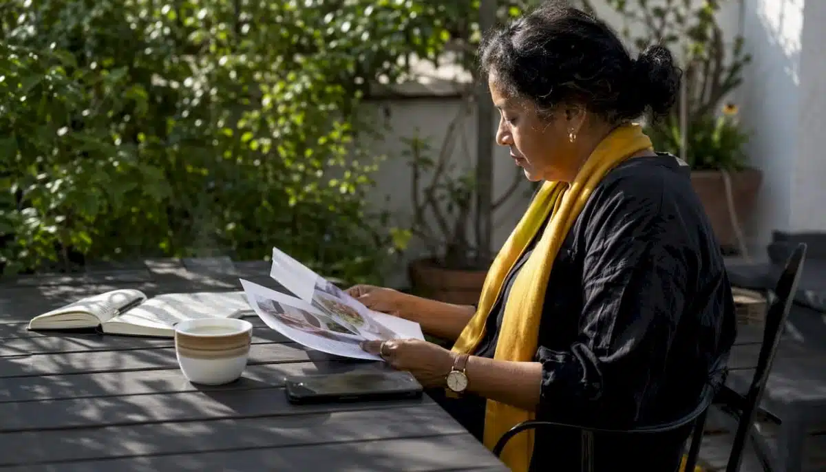 Woman planning dining options at home table