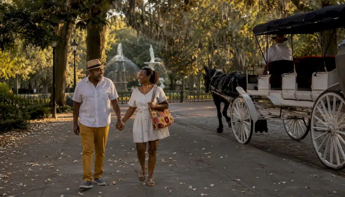 Couple strolling New Orleans streetcar avenue