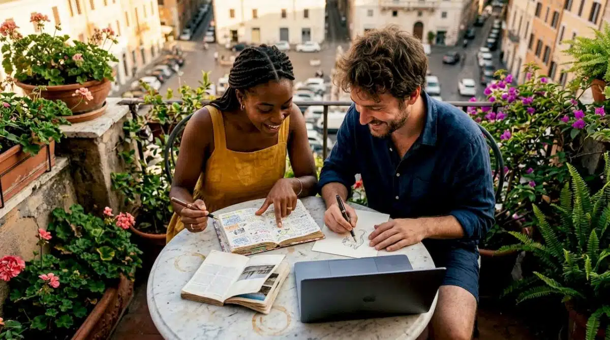 Couple planning post-wedding travel at home