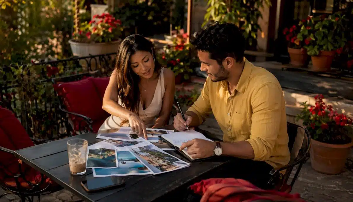 Couple planning destination wedding at café table