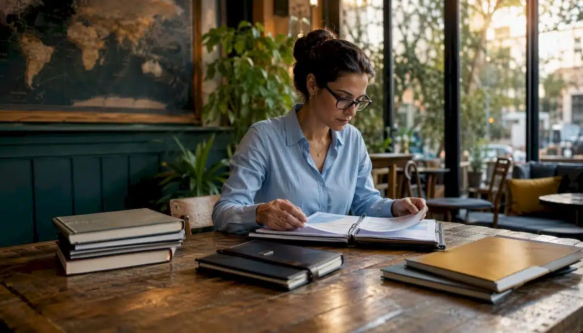 Travel consultant reviewing itinerary in office