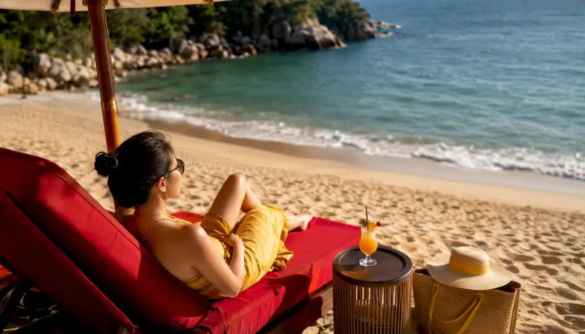 Woman relaxing at luxury beach villa pool
