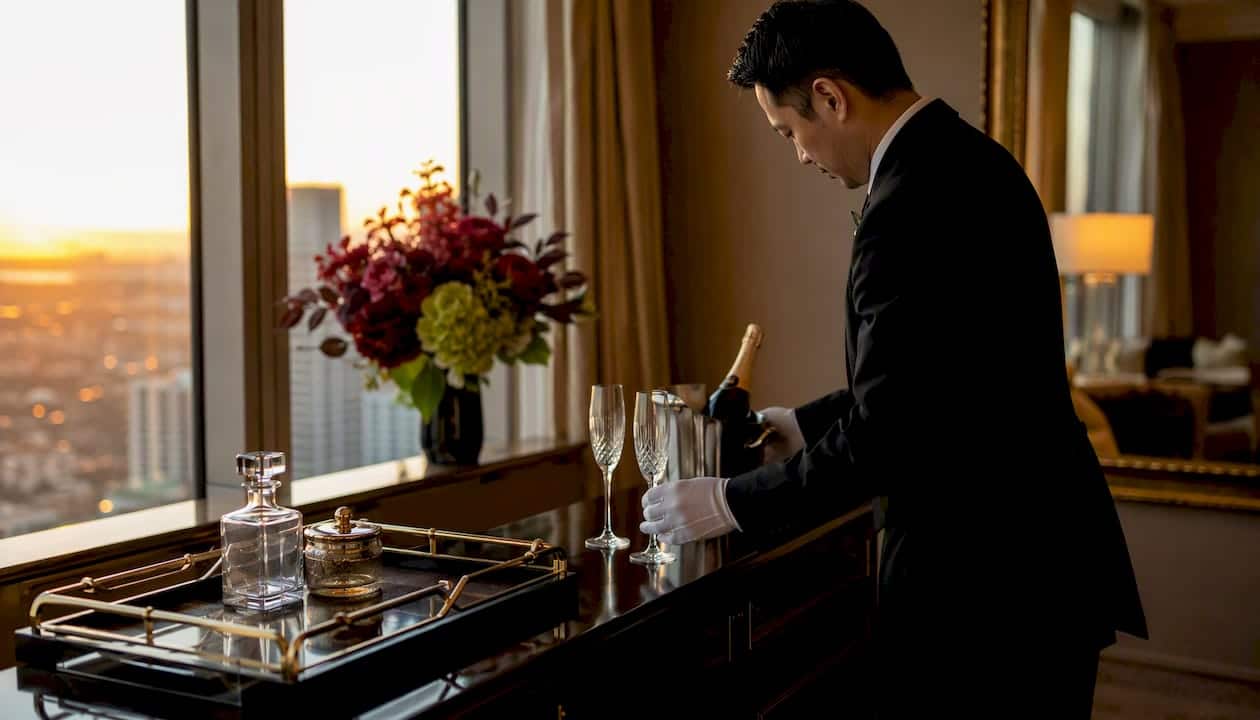 Butler arranging amenities in luxury suite