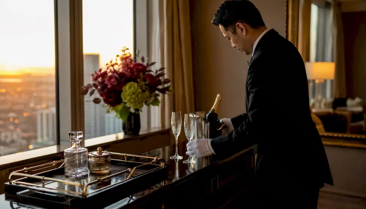 Butler arranging amenities in luxury suite