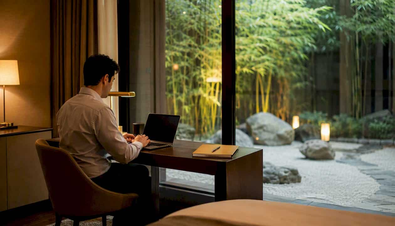 Luxury hotel workspace with spa view