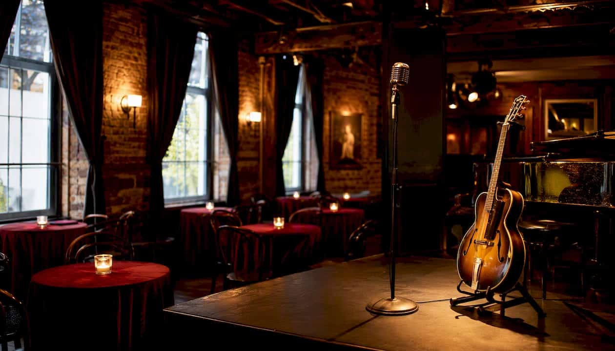 Historic jazz venue interior with stage and candlelit tables