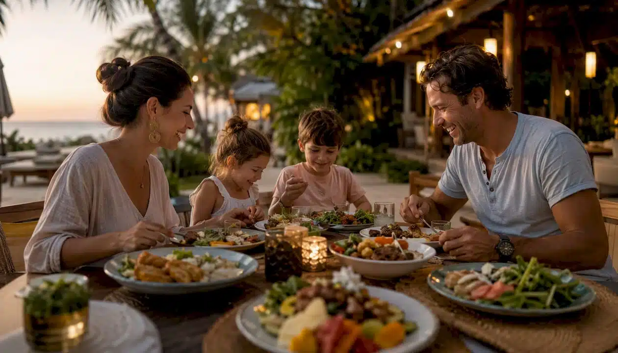 Gourmet family dining with diverse dishes
