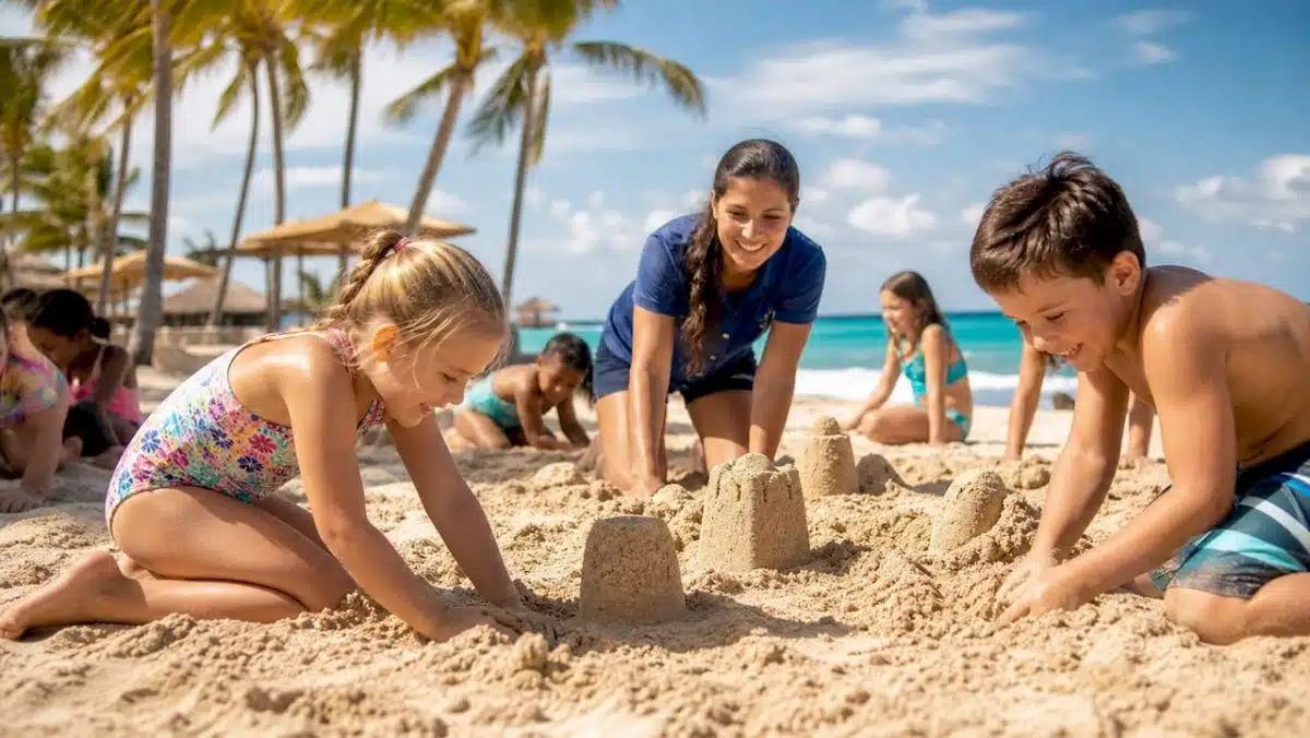 Children playing in supervised resort pool activity
